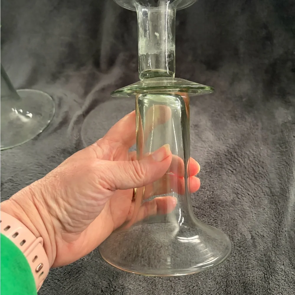 Pottery Barn Savoy taper candle Sticks holders green glass, Set of 2.